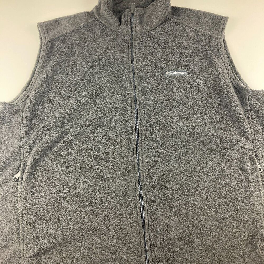 Columbia Mens XL Gray Fleece Vest Full Zip Zipper Pockets Flawed Burn Mark